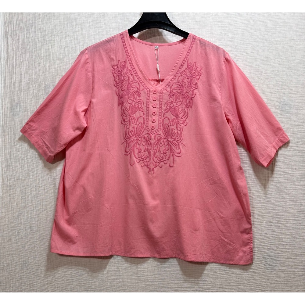 Komili Embroidered Tunic Blouse Womens 2XL Pink Cotton Short Sleeve Boho Mature